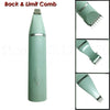 A vertical view of a light green USB rechargeable pet grooming trimmer with a detachable blade.