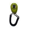A bright lime green pet training clicker with a black eye and attached to a black wrist strap.