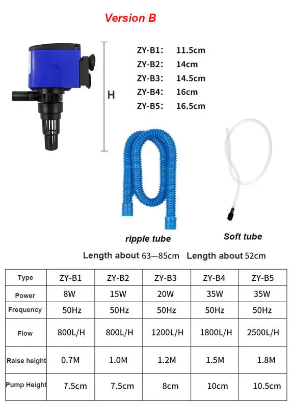 Version B submersible aquarium filter pump with various height and power options and tube types