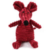 Un peluche que parece un roedor de rayas rojas y negras con grandes orejas y una nariz negra.