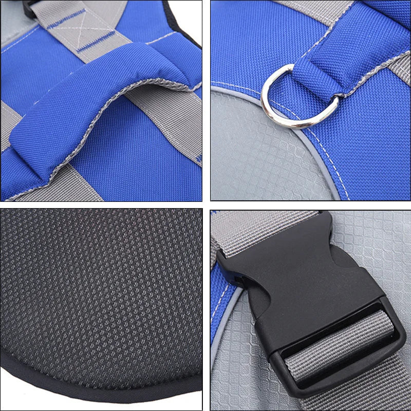 Close-up view of a blue and gray reflective dog life jacket featuring adjustable straps and a black buckle.