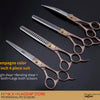 A set of professional pet grooming scissors featuring straight, bending, fine tooth, and large tooth shears.
