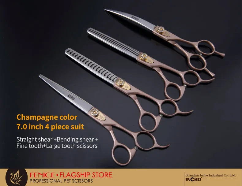 A set of professional pet grooming scissors featuring straight, bending, fine tooth, and large tooth shears.