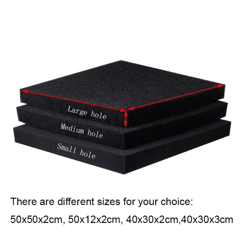 Three stacked black foam filters with large, medium, and small holes for aquarium use