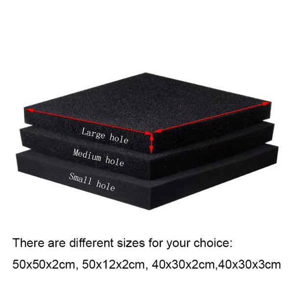 Three stacked black foam filters with large, medium, and small holes for aquarium use