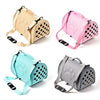 A collection of breathable pet carrier bags for cats and small dogs in beige, pink, and light blue.