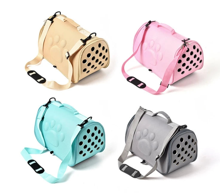 A collection of breathable pet carrier bags for cats and small dogs in beige, pink, and light blue.