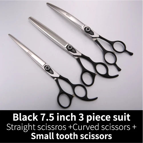 A set of three professional pet grooming scissors including straight, curved, and small tooth scissors.