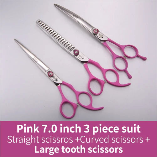 Pink 7.0 inch 3 piece suit of straight, curved, and large tooth grooming scissors