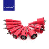 A set of red bi-metal hole saws for drilling metal and plastic materials.