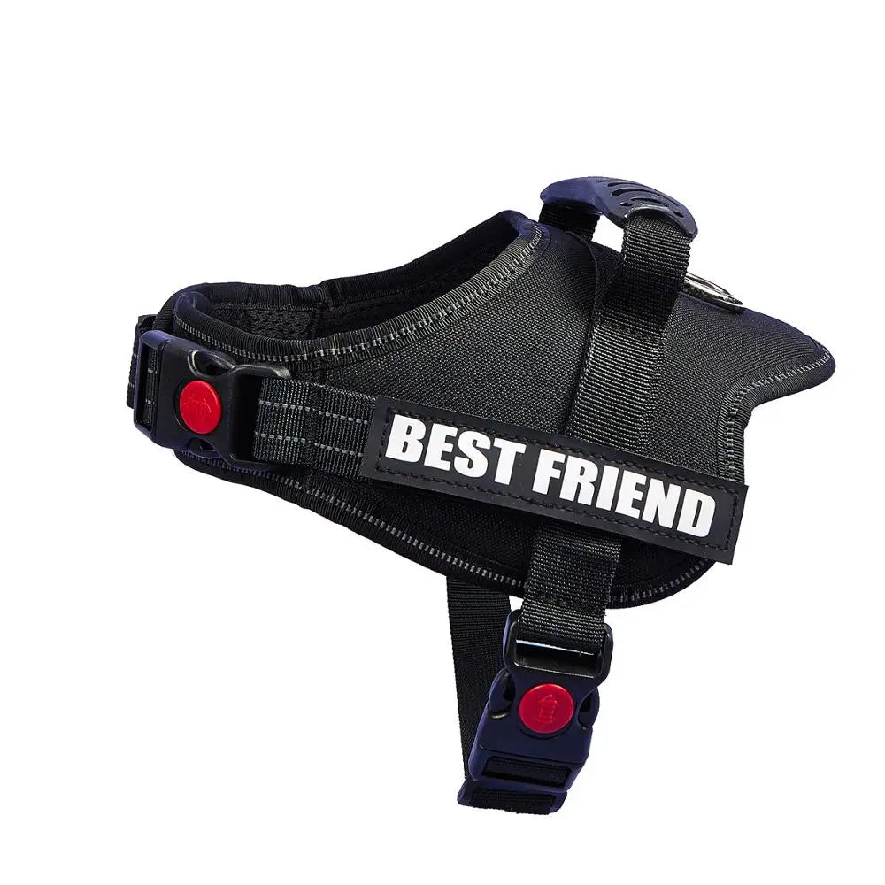 Black adjustable pet walking harness for dogs with a prominent Best Friend label