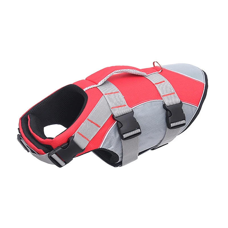 A red and gray reflective summer life jacket for dogs with black straps.