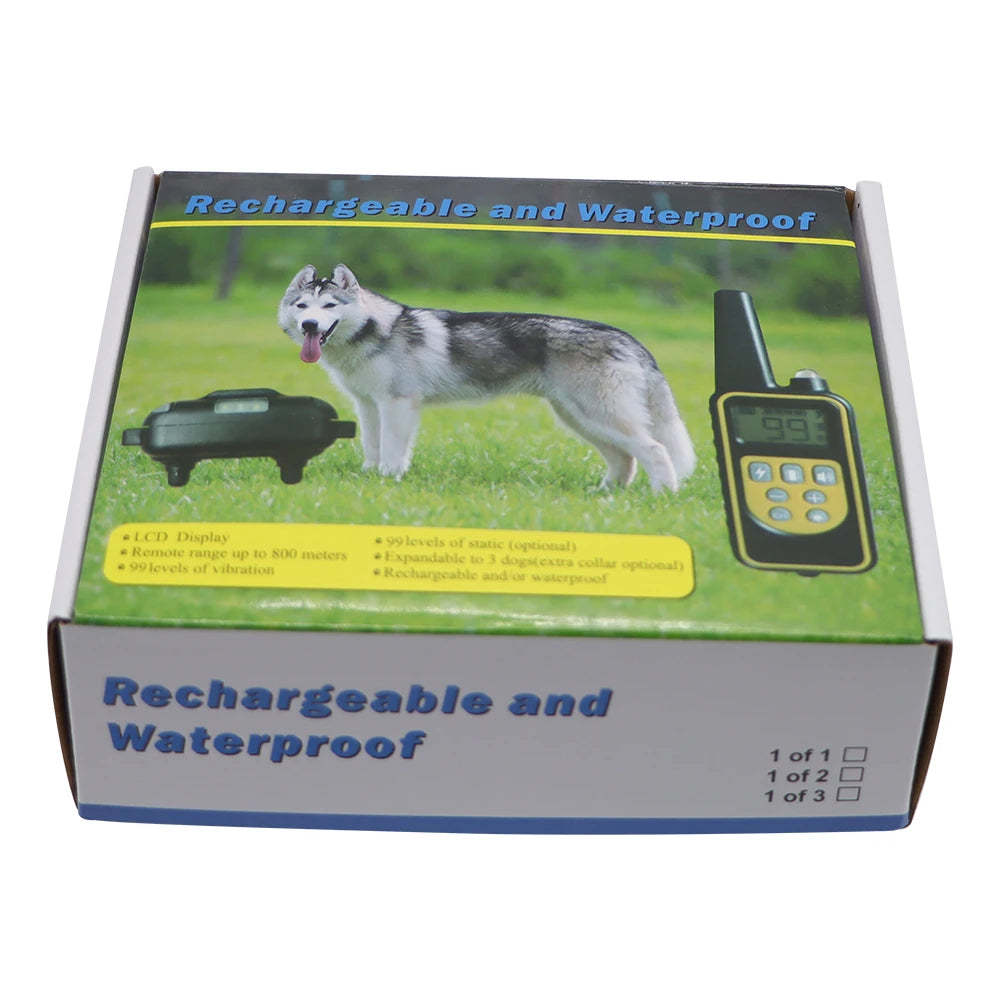 Box of a rechargeable and waterproof remote dog training collar with an LCD display and 800m range.