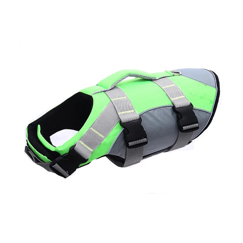 A bright lime green and gray reflective summer life jacket for dogs.
