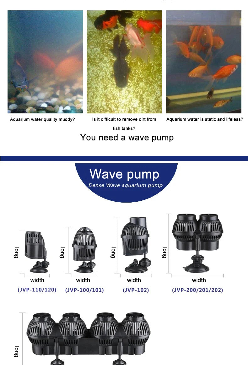 A set of dense wave aquarium pumps with various sizes and configurations for water circulation.