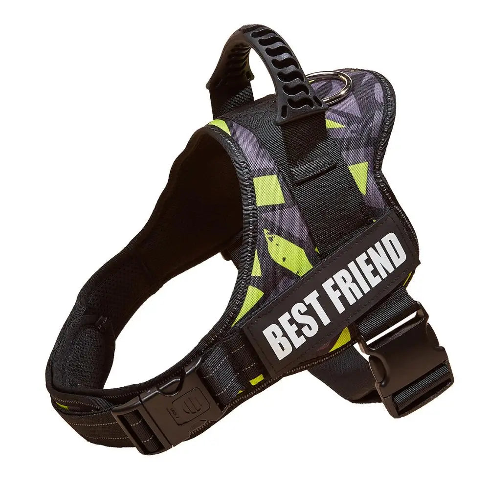 A black adjustable pet walking harness with a patterned yellow and black fabric and a metal clip.