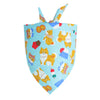 A collection of cute cotton pet bandanas featuring various dog and cat faces in blue and yellow colors.