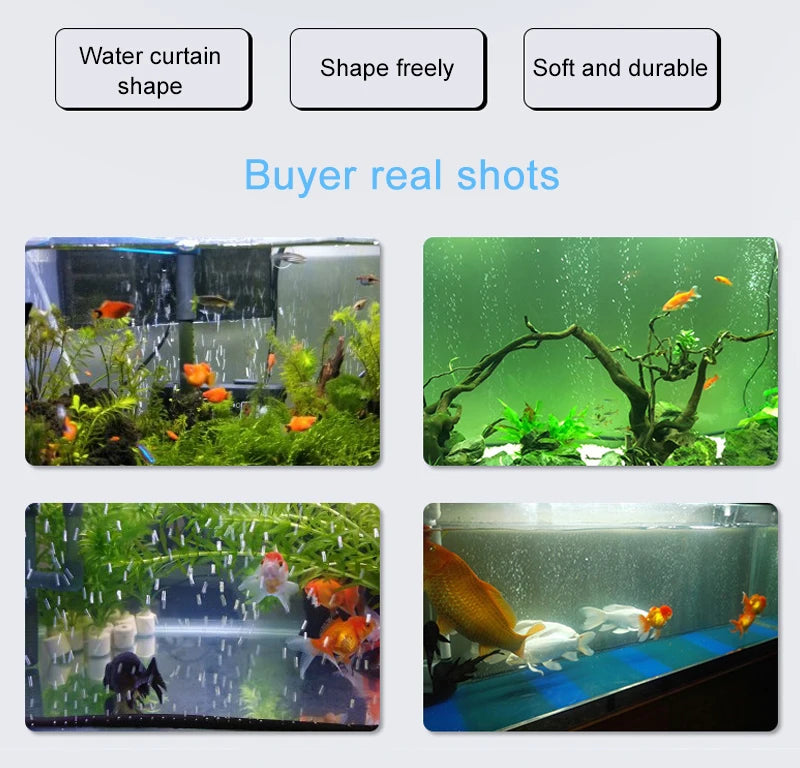 A collection of real shots showing a water curtain shaped aerator in an aquarium, featuring various fish and aquatic plants.