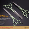 A set of tender green straight and bending scissors for pet grooming, showing the blades and handles.