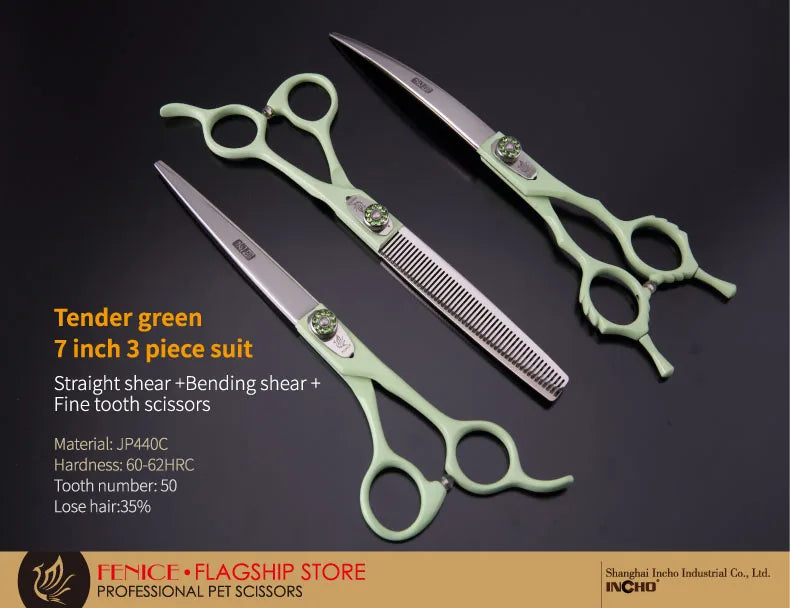 A set of tender green straight and bending scissors for pet grooming, showing the blades and handles.