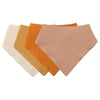 A pack of three soft cotton baby bibs in shades of beige, mustard yellow, and terracotta.