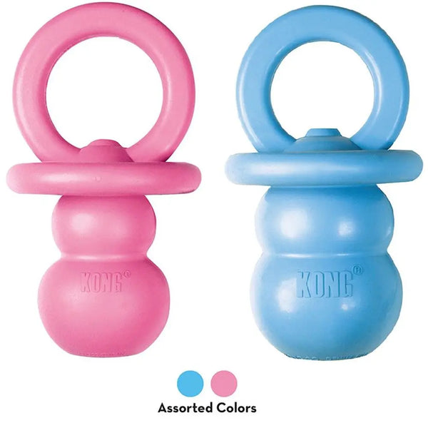 Pink and blue KONG Puppy Binkie teething chew toys shown side by side