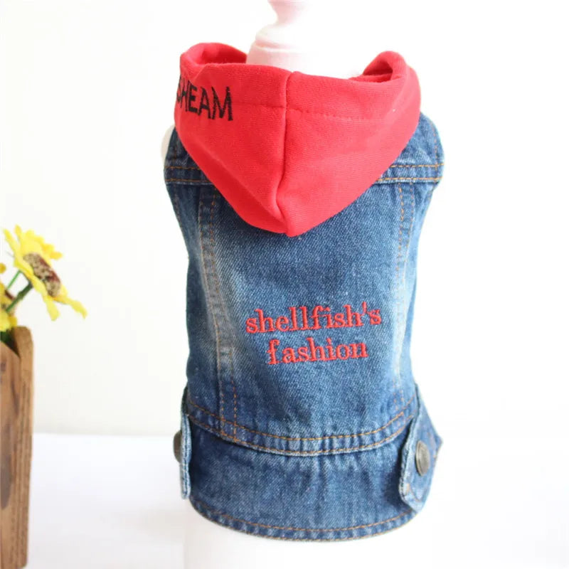 A red hoodie-style denim jacket with a hood and embroidered text on the chest.