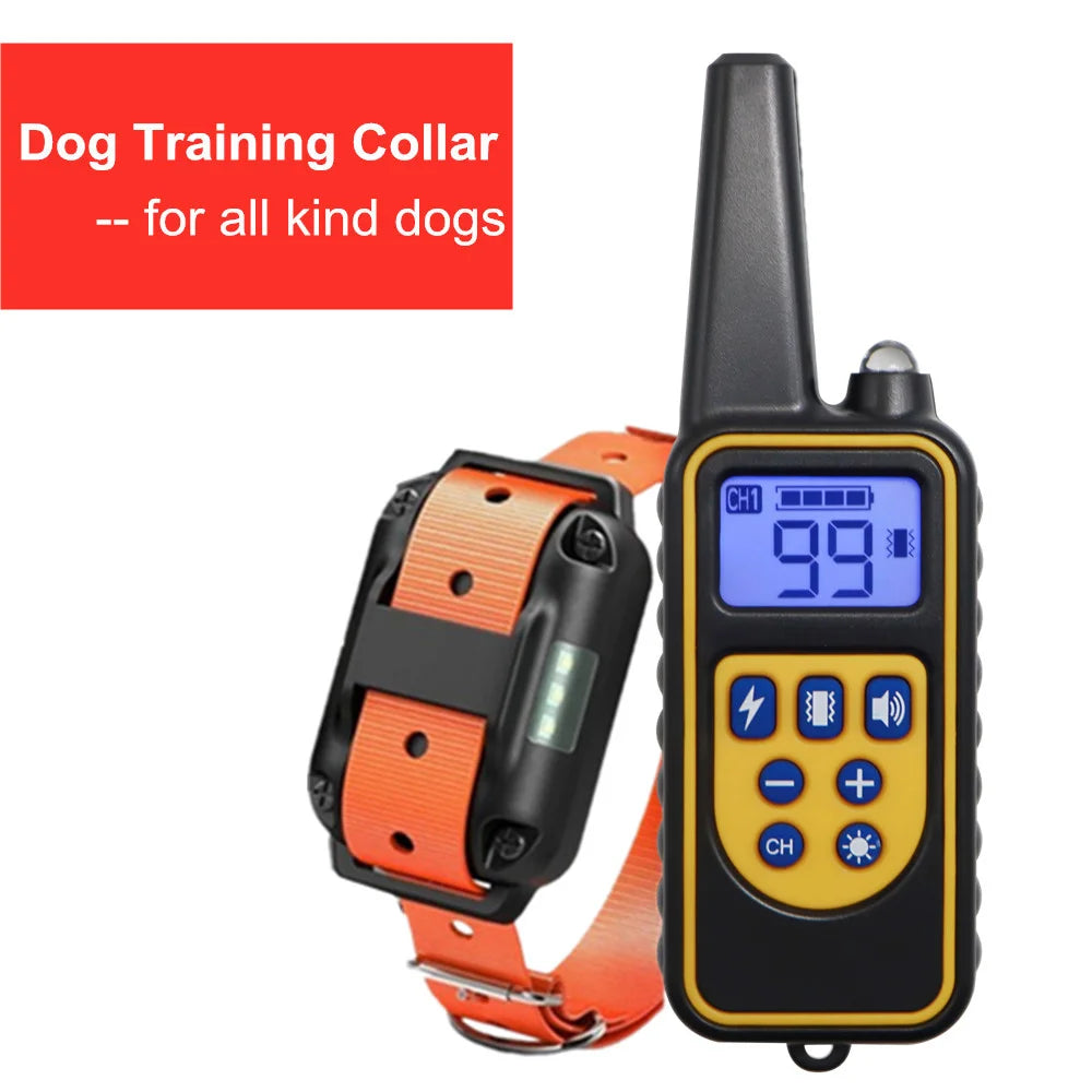 A black dog training collar with an orange strap and a yellow LCD display showing 99 degrees.