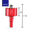 Red bi-metal hole saw bit with a threaded shaft and measurement lines showing its dimensions.