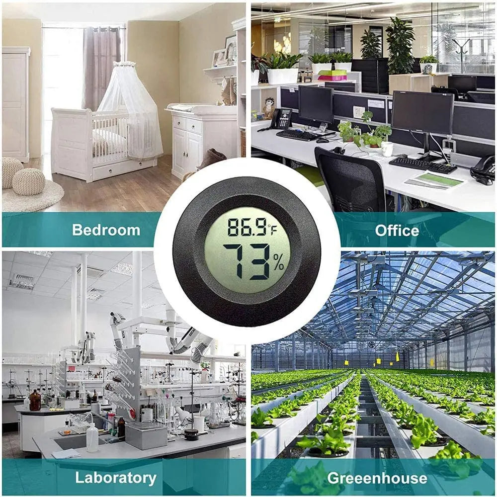 A collage showing a bedroom, office, laboratory, and greenhouse, each featuring a digital temperature and humidity monitor.