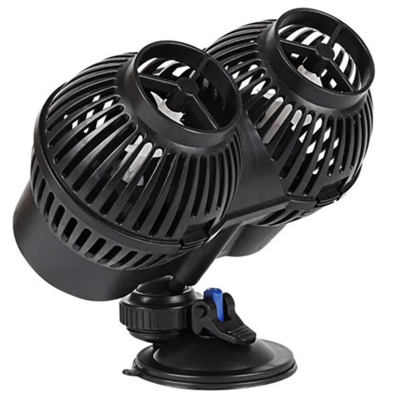 Black aquarium wave maker pump for water circulation and oxygenation with an adjustable base.