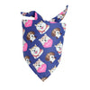A navy blue bandana featuring repeating illustrations of happy dogs and cats with pink hearts.