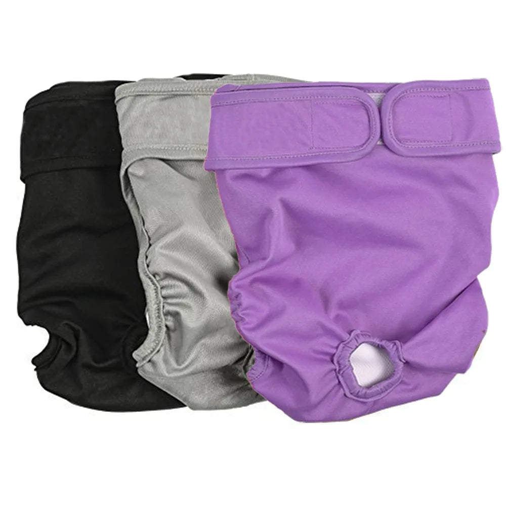 Three reusable female dog diapers in black, gray, and purple showing different fits.