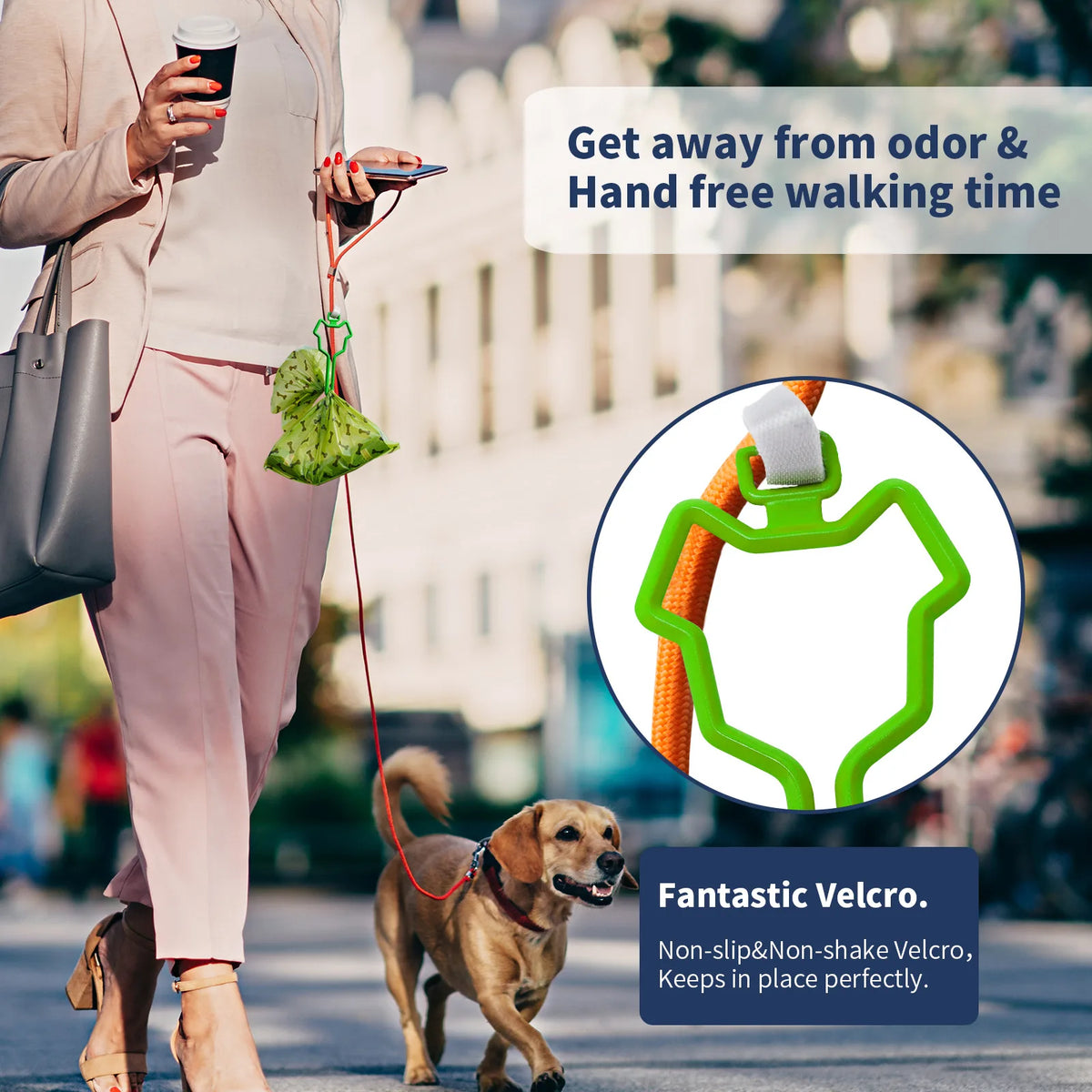 A person is walking a dog while using a hands-free poop bag dispenser attached to the leash.