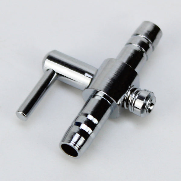 Stainless steel aquarium air flow regulator with a lever and a threaded outlet.