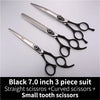 A set of three black grooming scissors including straight, curved, and small tooth scissors.