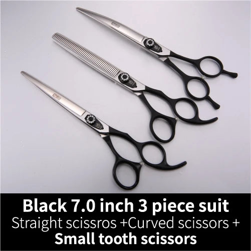 A set of three black grooming scissors including straight, curved, and small tooth scissors.