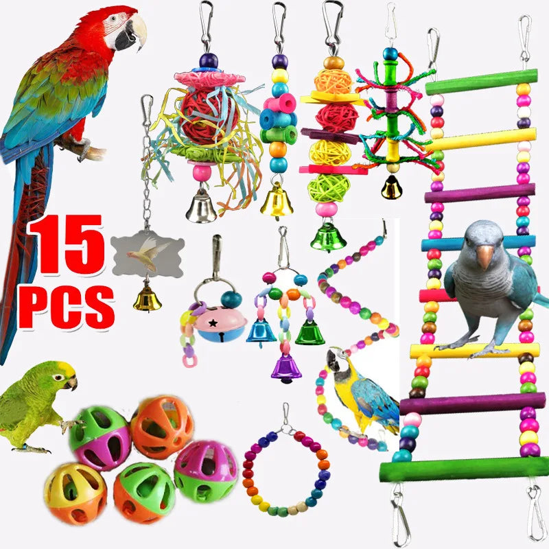 Set mit Kombinationsspielzeugen für Papageien, darunter ein Aras, verschiedene Spielzeuge zum Aufhängen und bunte Bälle zum T