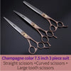 A set of three champagne-colored grooming scissors including straight, curved, and large tooth scissors.