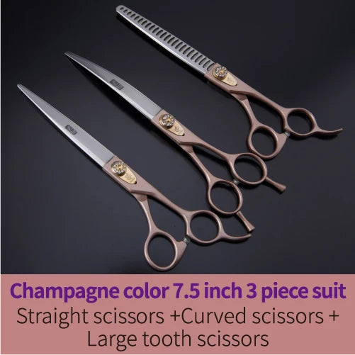 A set of three champagne-colored grooming scissors including straight, curved, and large tooth scissors.