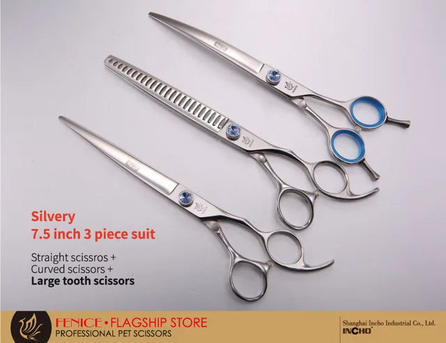 Silvery 7.5 inch 3 piece suit of straight, curved, and large tooth grooming scissors