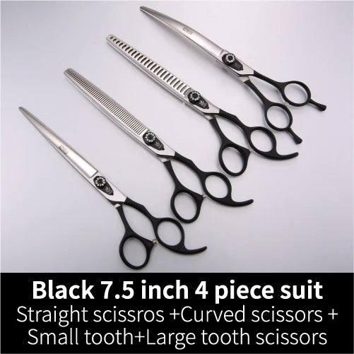 Black 7.5 inch 4 piece suit of professional pet grooming scissors including straight and curved options