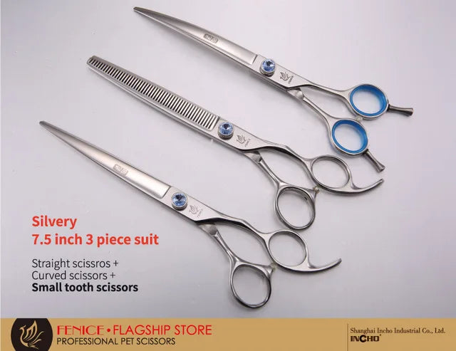Silvery 7.5 inch 3 piece suit of straight and curved pet grooming scissors