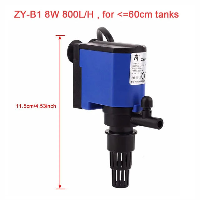 Blue submersible aquarium filter pump for tanks, featuring oxygenation and water circulation.