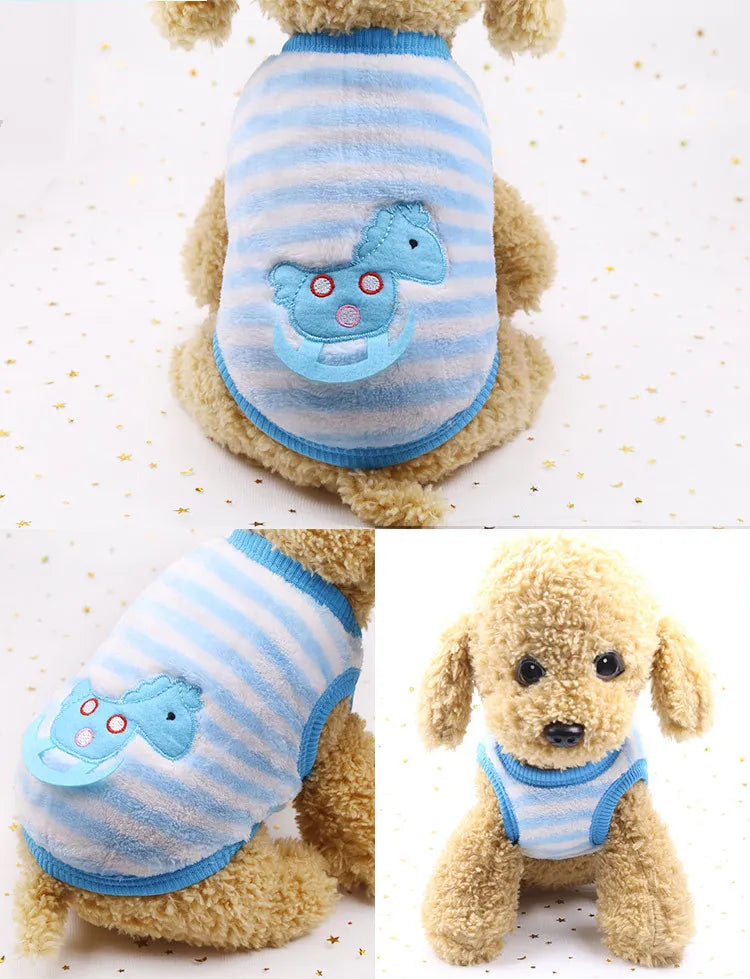 A light blue and white striped fleece vest for a small dog, featuring a stitched blue fish design.