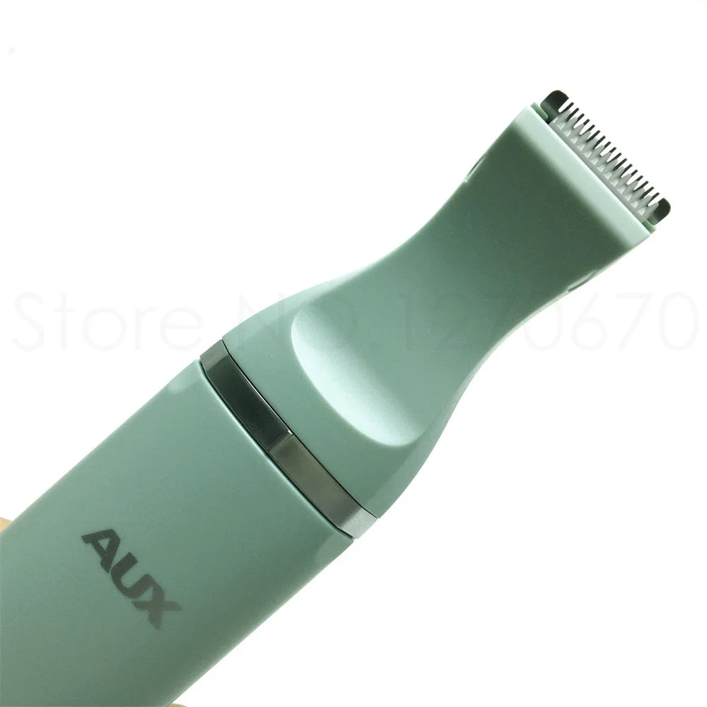 A light green quiet USB rechargeable pet grooming trimmer with a metal guard visible.