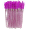 A bundle of disposable eyelash brushes with vibrant purple bristles and clear plastic handles.