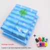 A package of 14 rolls of blue paw print dog waste bags with a bone dispenser is shown.