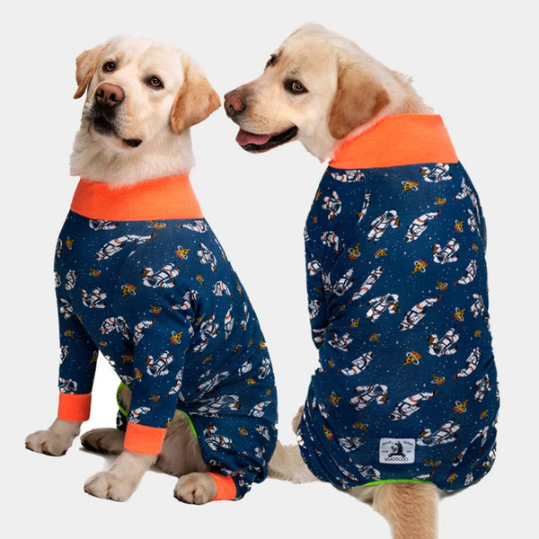 A golden retriever wearing a blue patterned cozy cotton jumpsuit with orange trim.