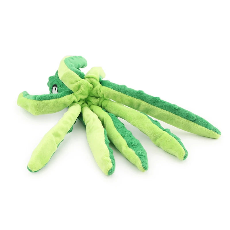 A plush sea turtle toy with green and yellow stripes, designed as an interactive dog toy.